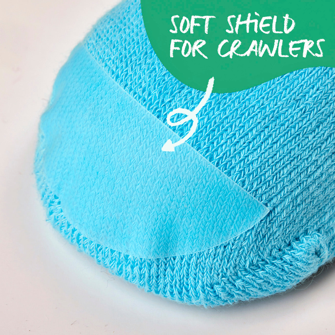 Close-up of baby non-slip sock with soft toe shield